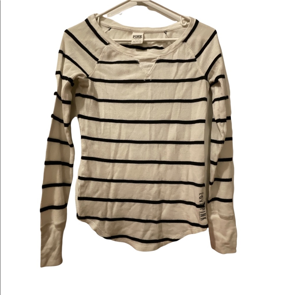 PINK | White & Navy Striped Waffle Knit Long Sleeve | Small | EUC